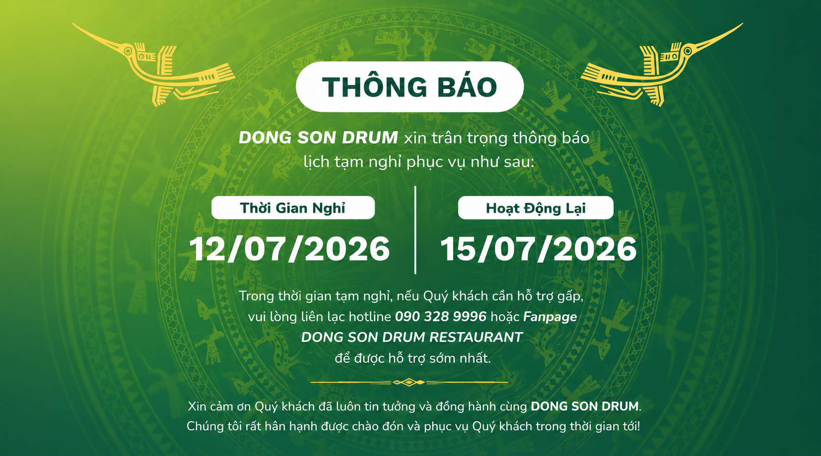 THÔNG BÁO TẠM NGHỈ PHỤC VỤ